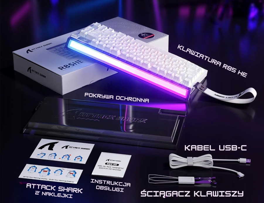 Zawartość zestawu z klawiaturą Attack Shark R85 HE, przewodem USB-C i ściągaczem 2w1.